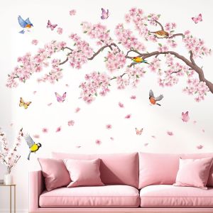 Sg2-2427 Stickers Muraux Fleurs Roses Et Oiseaux Branches De Cerisier Pour Chambre &Agrave; Coucher Salon Canap&eacute; Tv Arri&egrave;re-Plan D&eacute;coration Murale - Neuf