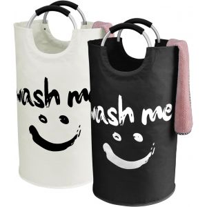 MEVRONISSHOP-Ensemble de 2 Panier a Linge avec Poign&eacute;es 95L, Sac &agrave; Linge Faciles &agrave; Transporter - Panier Rangement Pliage Collecteur de Buanderie avec Smiley pour Les v&ecirc;tements, Jouets (Noir et Beige) - Neuf
