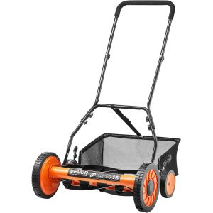 MEVRONISSHOP-Tondeuse &agrave; Gazon Manuelle, 450 mm, 5 Lames Acier, sans Moteur, Hauteur de Coupe R&eacute;glable 35 &agrave; 62 mm, avec Bac de Ramassage, Tondeuse pour Pelouses, All&eacute;es, Cours, Travaux de Jardinage Qu - Neuf