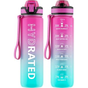 Eryi-Gourde, 1l Gourde Sport Avec Paille Et Graduée, 1 Litre Étanche Bouteille D'eau Avec Brosse, Gourdes Motivation Sans Bpa Pour Fitness, Bureau, L'école, Yoga - Neuf