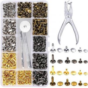 Rivets en cuir 360Set 2 tailles Double rivet Goujons métalliques tubulaires avec outil de réglage et pince à poinçonner pour l'artisanat en cuir Rivets de remplacement bricolage 4 couleurs - Neuf