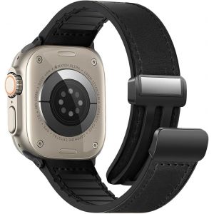 Nenv-Magnetic Leather Watch Strap Compatible With Apple Watch 38mm 40mm 41mm 42mm 44mm 45mm 49mm Genuine Leather Magnetic Buckle Strap For Iwatch Series Ultra/Ultra2/9/8/7/6/5/4/3/2/1/Se - Neuf