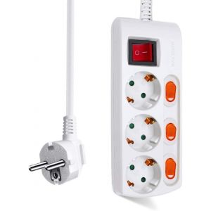 Power Strip With 3 Sockets + 3 Individual Switches, 1 Main Switch, 3680 W, 250 V, 1.5 M, White, 1 Piece - Neuf