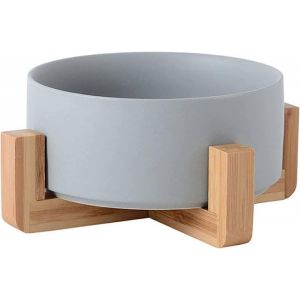 Bol Rond En Céramique Pour Chien Et Chat,Bols En Céramique Antidérapants Durables Pour Animaux De Compagnie Avec Cadre En Bois (Gris) - Neuf