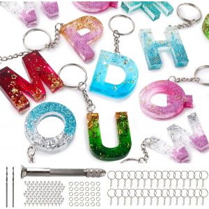 134Pcs Kit de moules en r&eacute;sine alphabet silicone,num&eacute;ro de lettre moule de moulage en r&eacute;sine &eacute;poxy ensemble de fabrication de porte-cl&eacute;s avec 1perceuse,2 forets,30 porte-cl&eacute;s,100 broches &agrave; vis - Neuf