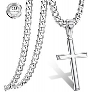 Kal-Croix Chretienne Homme Collier Croix Homme, Chaine Argent Homme Collier En Argent 925 Sterling 5mm Acier Inoxydable Cha&icirc;ne Cubaine Collier Croix Pour Homme Collier Crucifix 41-66cm - Neuf