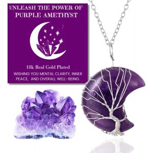 Eryi-Collier Bracelet En Pierre De Lune - Amour Lunaire - Fil Arbre De Vie Plaqué Platine/18 Carats Or Fait À La Main, Pendentifs En Forme De Lune/C?ur/Goutte D'eau En Cristal Naturel - Neuf