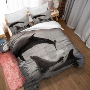 Housse De Couette 200x200cm &Eacute;l&eacute;gante - Parure De Lit Avec Fermeture &Eacute;clair Motif Dauphin Saut - Housse De Couette En Microfibre Avec 2 Taies D'oreiller 65x65 Cm - Neuf