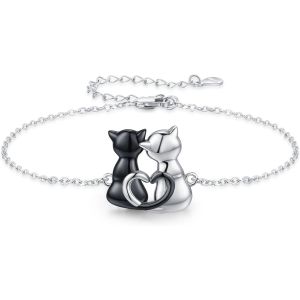 Bracelet Pour Fille En Argent Sterling 925 En Forme De C?Ur Noir Et Blanc Chat Marguerite Bracelet &Eacute;ternit&eacute; Cadeau Pour Elle Femme Fille - Neuf