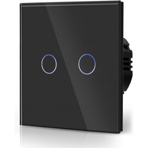 2 Gang 1 Voie Interrupteur G&eacute;n&eacute;ral &agrave; Commande Tactile,Interrupteur Mural &agrave; Commande Tactile Avec Indicateur LED et Panneau en Verre 110V-240V Noir - Neuf