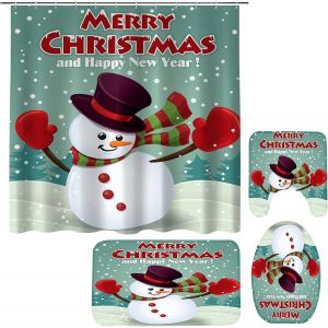 4 pi&egrave;ces de No&euml;l Rideau de Douche avec des Ensembles de Tapis Couvercle des Toilettes Couverture et Tapis de Bain en forme de Bonhomme de neige Rideaux de Douche de salle de Bain Imperm&eacute;able d&eacute;corat - Neuf