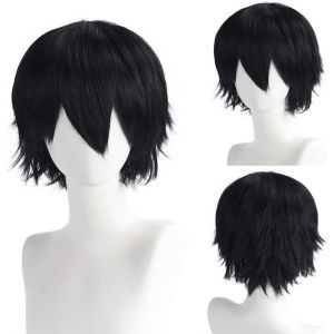 Kalanka-Anime Perruque Noir Pour Homme Dames, 12 Inch/30 Cm Cosplay Perruque Courte Postiche Droite Perruque Avec Frange, Ann&eacute;e70 80 Perruque Pour Halloween Quotidienne Deguisement F&ecirc;te (Noir) - Neuf