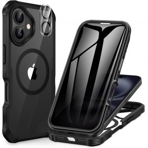 JGD-Magn&eacute;tique Anti Espion Coque iPhone 16, Compatible avec MagSafe int&eacute;gr&eacute; Verre Tremp&eacute; Protection &eacute;cran et Protecteur Cam&eacute;ra, Antichoc T&eacute;l&eacute;phone Housse Double Face Case Int&eacute;grale Etui -Noir - Neuf