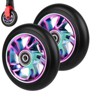 Scooter Wheels, 2 Pcs 100mm Freestyle Scooter Wheel, Replacement Wheels, Colorful Aluminum Alloy Scooter Wheels, With Abec 9 Bearings, For Most Scooters - Neuf