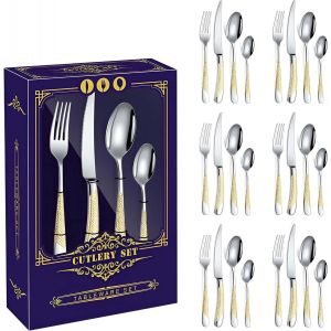 Checarzhn--No1-Ensemble De Couverts Argentés, Dorés, Argentés, Plats, 24 Pièces, Service Moderne Pour 6, En Acier Inoxydable Poli Miroir Pour La Maison, Restaurant, Couteaux, Fourchettes, Cuillères, Passe Au - Neuf