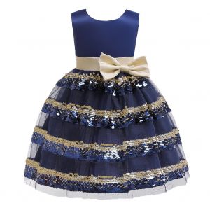 Robe De Princesse Sans Manches Pour Bebe Fille, Avec Paillettes Et Noud Papillon (Paillettes Bleu Fonce, 120) - Neuf