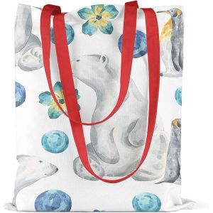 SJZG-Sac Fourre-Tout ¿mprimé Avec De Longues Poignées Rouges, Sac D'Épicerie, Sac À Provisions, Lavable En Machine, Pliable, Sac En Toile Avec Longue Poignées, Taille: 34X40 Cm - Neuf