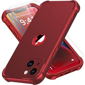 Brs-Coque Pour Iphone 14 + 2 Pièces Verre Trempé Protection Écran, Antichoc Souple Silicone Tpu Arrière Rigide Pc Avant Housse De Protection Pour Iphone 14 Case 6,1"" Rouge - Neuf