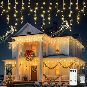 JGD-Guirlande Lumineuse Exterieur Noel, 5M 200LED Rideau Lumineux, Adaptateur vec T&eacute;l&eacute;commande, 8 Modes Timer, Decoration Noel Exterieur pour Mariage, Balcon, Pergola, F&ecirc;tes (Blanc Chaud) - Neuf