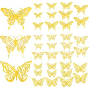 Lot de 36 papillons décoratifs 3D dorés métallisés pour fille,cuisine,fenêtre,meubles,mariage,fête,décoration de table murale,cadeau de salon,chambre d'enfant,mariage (doré) - Neuf