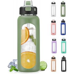 700ml Bouteille D'eau En Verre Avec Poignée Et Paille Bouteille D'hydratation Avec Manchon En Silicone Et Marquage Du Temps Gourde De Motivation Pour Gym Sport Extérieur Anti-Fuite,Olive - Neuf