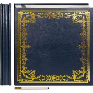 Grand Album Photo Auto-Adhésif Couverture en Cuir Artificiel Album Scrapbook 32,5x33,5 cm Vintage Imprimé Livre de Souvenirs DIY 60 Pages Vides avec un Stylo Métallique, Bleu marine - Neuf