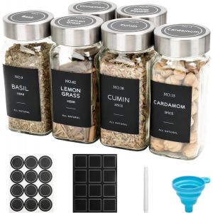 Tianyi-Lot De 6 Pots À Épices Carrés En Verre De 120 Ml Avec Couvercle En Acier Inoxydable, Récipient À Épices, Rangement Des Épices Avec Entonnoir, Étiquettes, Pour Organisateur D'épices, Armoire, T - Neuf