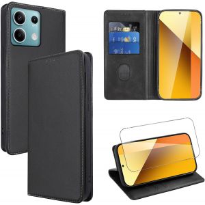 CAUC-Coque Cuir pour Xiaomi Redmi Note 13 5G 6.67"" avec 1 Verre Tremp&eacute; Etui &agrave; Rabat en PU Porte-Cartes Portefeuille Support Flip Housse Magn&eacute;tique Antichoc Anti-Rayures Case,Noir - Neuf