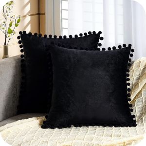Ensemble De 2 Canape Noir Housses De Coussin 45x45 Dans L'ultra Doux De Velours, Avec De Jolies Scandinaves Boheme Pompons, Coussin De Decoration Pour La Salle De Sejour, Chambre A Coucher, La Maison, Fauteuil, Bureau, - Neuf