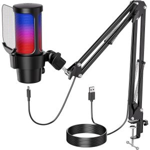 Usb Micro Gaming Kit Microphone Pc Rgb Avec Support De Bras Microphone À Condensateur Antibruit Avec Silence Gain Plug And Play Pour Streaming Jeux Podcast Pour Ordinateur Mac Ps4/5 Twitch - Neuf