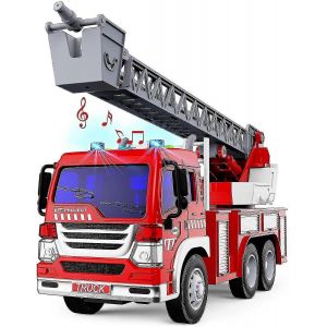 Camion de pompiers avec &eacute;chelle rotative, son et lumi&egrave;re &iquest; Cadeau pour enfants de 3 &agrave; 6 ans-Bus &agrave; imp&eacute;riale rouge - Neuf