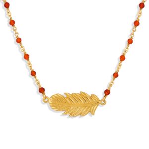 Collier Argent Dor&eacute; Plume Et Pierres Naturelles Rouges - Neuf