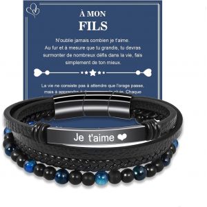 Kal-Cadeau Pour Homme Bracelet Cuir V&eacute;ritable Avec Pierres Naturelles, Cadeau Pour Couple Mari Petit-Ami Fils Papa Grand Pere, Cadeau Pour Saint-Valentin Fete Des Peres No&euml;l Anniversaire - Neuf