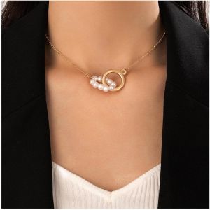 Kal-Boho Circle Pearl Necklace Choker Gold Circle Linking Necklace Minimalist Pearl Pendant Necklace Open Circle Necklace Bijoux Pour Femmes Et Filles - Neuf
