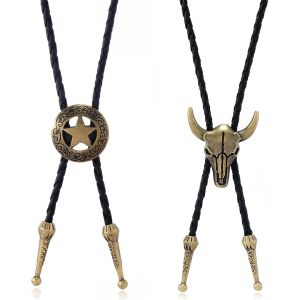 Meimie-Cravate Bolo En Cuir,2 Pièces Cowboy Occidental Cravate Réglable Collier De Crâne De Vache,Collier Bolo En Cuir Accessoires De Costume Bolo Tie Pour Homme Femme - Neuf