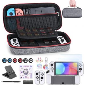 Accessoires pour NS Switch OLED- 18 en 1 Switch Pack avec &Eacute;tui Switch, &Eacute;tui de Jeu Switch, Protecteur d'Ecran Switch OLED, Support Switch, Poign&eacute;es de Pouce Switch (Gris) - Neuf