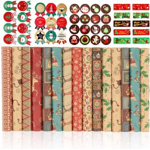 Tianyi-Papier Cadeau Kraft Noël, 15 Feuilles De Recyclable De D'emballage, 4 Autocollants Autocollants De Cachetage De Cadeau, Naturel Décoré Cadeau De Noel Papier Cadeaux Kraft Couleur Recycléavec - Neuf