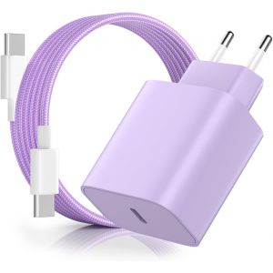 Chargeur pour iPhone Rapide, 20W PD3.0 Chargeur pour iPhone avec 2M C&acirc;ble USB C, USB C Prise Charger Rapide pour Phone 16 Pro/16 Pro Max/16 Plus/15/15 Pro/15 Pro Max/15 Plus/Pad - Violet - Neuf
