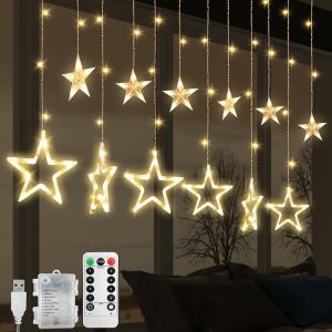 KAL-Rideau Lumineux Étoile, 12 Étoiles 138 Led Guirlande Lumineuse De Fenêtre Avec 8 Modes Clignotant Décoration Pour Noël, Mariage, Fête, Maison, Chambre (A - (Blanc Chaud)) - Neuf