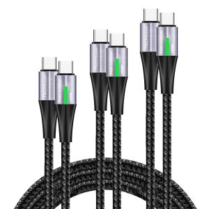 DDA-Lot de 3 câbles de charge USB C vers USB C, 0,3 + 1 + 2 m, 100 W, PD3.0 de type C, charge rapide, indicateur lumineux LED, câble de téléphone pour MacBook Pro, iPad Air, iPhone 16 15 Pro Max - Neuf