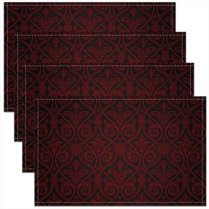 Sjzg-Lot De 4 Sets De Table Gothique Rouge Noir Ombre, Tapis De Table Vintage Gothique Floral Damass&eacute;, Sets De Table Antid&eacute;rapants Antique Victorien Baroque, Pour Table &Agrave; Manger, 45x30 Cm - Neuf