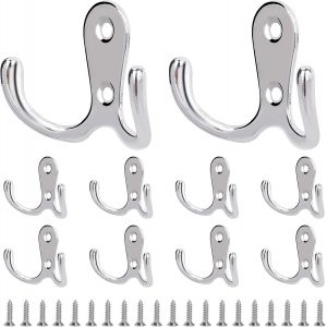 Crochet Porte Manteau Double Patères à Vêtements avec Vis Crochet de Manteau Mural pour Salle de Bain Cuisine Argent 10 PCS - Neuf