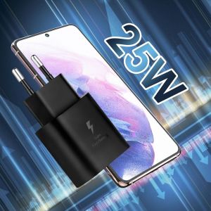 Chargeur 25w Charge Rapide Compatible Avec Samsung Galaxy S24,S23,S22,S21 Ultra,S20 Fe,Z Fold4,Fold5,Flip4,Flip5,A53, A54,A34,A23,A13,A04s, Adaptateur Secteur Prise Usb C (Noir 2 Pack) - Neuf
