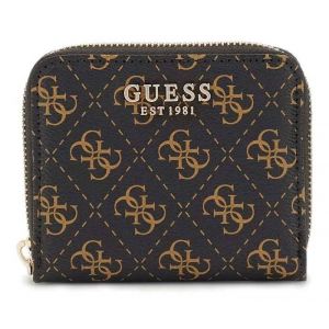 GUESS Porte-monnaie brun fonc&eacute; brun clair pour femme - Laurel SLG Small Zip Around Wallet Brown Logo 288240 - Neuf