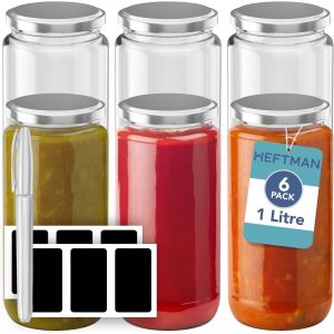 Tianyi-Lot De 6 Bocaux En Verre Avec Couvercles Hermétiques Argentés, Pour Avoine, Confiture, Chutney, Marinade, Conservation Des Aliments, Organisation De La Cuisine (1 Litre) - Neuf