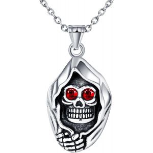 Tianyi-Collier Pendentif Fant&ocirc;me En Acier Inoxydable Pour Hommes Fashion Pendentif T&ecirc;te De Mort Avec Zircone Rouge Vintage Collier Halloween Bijoux Fantaisie Adolescents Accessoires D&eacute;coration - Neuf