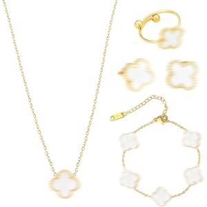 Bijoux Acier Inoxydable Femme, Ensemble Collier Boucles D'oreilles Bracelet Tr&egrave;fle 4 Feuilles Or 18k Plaqu&eacute; Or, Bijoux D&eacute;licats R&eacute;glables Cadeau Pour Femme Fille, 1 Set De 3 Pi&egrave;ces - Neuf