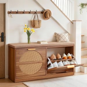 SUBZONAL-Banc &agrave; chaussures d'entr&eacute;e 98x24x51,5 cm, banc rangement avec tiroirs rabattables, rangement pour chaussures 199,6 kg avec coussin, 4 compartiments, portes en rotin, pour couloir, salon, cha - Neuf