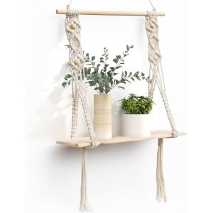 CAUC-Etagere Murale Bois Macramé Boheme Design Etagere Suspendue Corde Flottante de Plantes Interieur Exterieur Rangement Decoration pour Salle de Bain Cuisine Chambre Bureau Salon - Neuf