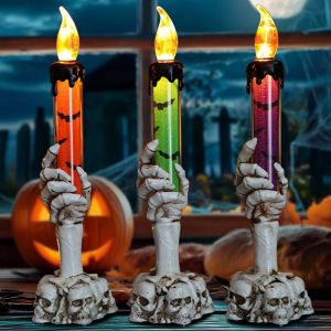 Sjzg-Lot De 3 Bougies &Agrave; Main Squelette Pour Halloween, Bougies Led, Mains Fant&ocirc;mes, D&eacute;corations D'halloween, Bougies Led, Vert, Orange, Violet Pour F&ecirc;te - Neuf